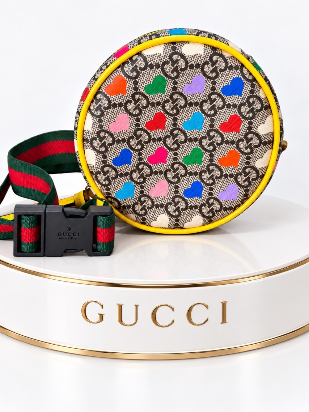 Gucci GG Supreme Hearts Leather Belt Bag Round Waist Fanny Pack Multi Yellow Aut